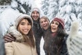 Friends Taking Selfie Photo Smile Snow Forest Young People Group Outdoor Royalty Free Stock Photo