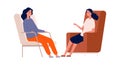 Friends talking. Girls meeting, woman has problems. Psyhotherapy, psyhologist and patient vector illustration