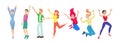 Friends, teenager boys girls together jumping vector