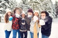 Friends throw fun snow in the park in winter Royalty Free Stock Photo