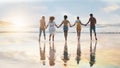 Friends, together and holding hands on beach at sunset in summer, vacation or walking on holiday break with support Royalty Free Stock Photo