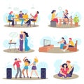 Friends together set of friendly people vector illustrations. Friendship and relationship between man and woman. Social