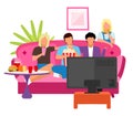 Friends together watching movie flat illustration. Guys and girls spending time, evening at home with TV cartoon characters.