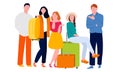 Friends travelling together pose carrying baggage tourist vacation. Vector illustration