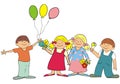 Friends, group of children with balloons and flowers, ice cream, party card, eps.