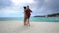 Friends on vacation taking selfies on the pier with a smart phone Royalty Free Stock Photo