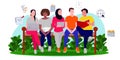 Friends from various ethnic sit and talk in outdoor bench about employee recruitment. flat vector illustration concept