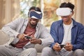 Friends, virtual reality video game and challenge, metaverse and futuristic gaming at home with esports. Competition, VR