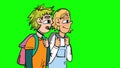 Friends walking with backpacks isolated on green cartoon animation