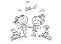 Friends walking outdoors, cartoon girls, outline vector illustration