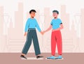 Friends are walking and talking. Employee, worker, officer, staff member, staffer concept vector. Happy friends met in the city. A Royalty Free Stock Photo