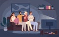 Friends watching horror movie together. Scared teens sitting on sofa and watch scary movie in dark living room vector Royalty Free Stock Photo