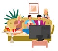 Friends watching TV flat vector illustration. Girls, guys watch film, movie with popcorn and fast food cartoon characters. Best