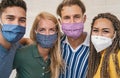 Friends wearing face protective mask to avoid corona virus spread - Young millennial people portrait during coronavirus outbreak Royalty Free Stock Photo