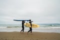 Friends wearing in wet suits with their surfboards walking on the beach