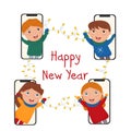 Friends wish their friends Merry Christmas and Happy New Year. Video call. Talk on the phone. Vector illustration