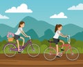 Friends women ride bicycle to do exercise