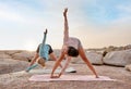 Friends, yoga or stretching on beach mat for relax training, workout or exercise for healthcare wellness, muscle relief