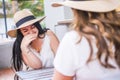 Friends young women couple enjoy and have fun laughing a lot outdoor together - people enjoying friendship and laugh with  joy Royalty Free Stock Photo