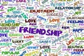 Friendship, abstract positive emotion word cloud illustrations background. Creative, surface, messy & drawing.