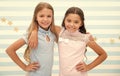 Friendship as treasure concept. Kids schoolgirls preteens happy together. Friendship from childhood. Girls smiling happy