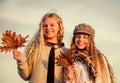 Friendship. autumn trends. kid fashion look. clear sky weather. happy childhood. hairdresser salon concept. small girls