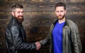 Friendship of brutal guys. Approved business deal. Handshake gesture meaning. Handshake symbol of successful deal. Have Royalty Free Stock Photo