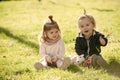 Friendship. child care provider. Happy boy show thumbs up with girl on sunny day