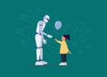 Friendship of a child and a robot. Little girl gives a balloon to a robot. Android, cyborg, humanoid robot, friendship concept,