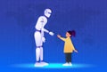 Friendship of a child and a robot. Little girl pulls a hand to the robot. Android, cyborg, humanoid robot, friendship concept,