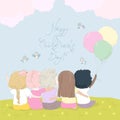 Friendship Concept. Happy Kids Greeting Card. Friend Group of People hugging Together Rear View. Different Nationalities