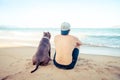 Friendship concept, man and dog sitting together on the beach at sunset Royalty Free Stock Photo