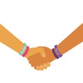 Friendship day banner with two person holding hands with colored bracelets on a white background