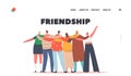 Friendship Day Celebration Landing Page Template. Hugs with Friends Rear View. Diverse Multiracial Characters Hugging