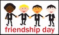 Friendship Day four business partners of different nationalities holding hands holding together their friendship with a