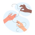 Friendship of diverse people, community problem solving, hands unravel tangled string