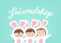 Friendship, greeting card, adorable bunny kid mascot, cute cartoon using for children celebrate invitation poster vector