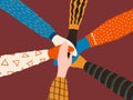 Friendship hands. Stack of different people hands, friends or team trendy concept. Vector cooperation and teamwork