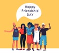 Friendship. Happy friends standing together and hugging, cartoon diverse people group. Vector family relationship Royalty Free Stock Photo