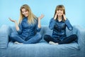 Two happy women friends wearing jeans outfit Royalty Free Stock Photo