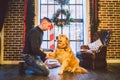 Friendship of man and dog. Pet golden retriever breed labrador shaggy dog. A man trains, teaches a dog to give a paw, to execute c Royalty Free Stock Photo