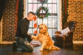 Friendship of man and dog. Pet golden retriever breed labrador shaggy dog. A man trains, teaches a dog to give a paw, to execute c Royalty Free Stock Photo