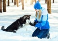 Young woman in winter snowy forest walking with her dog in a winter day. Friendship pet and human. Royalty Free Stock Photo