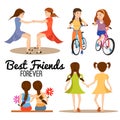 Friendship set cartoon illustration. Girls on bicycles, holding hands and hugging