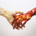 Friendship shake greeting closeup two liquid medicals water concept background person hand arm