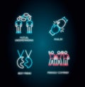 Friendship types neon light icons set. Signs with outer glowing effect. Mutual understanding, rivalry, best friend and