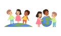 Friendship, Unity, Earth Planet Protection, Happy Kids Holding Hands together around the World Cartoon Vector Royalty Free Stock Photo