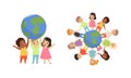 Friendship, Unity, Earth Planet Protection, Kids Holding Hands Standing the World Cartoon Vector Illustration Royalty Free Stock Photo