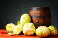 Friesh cabbage and a wooden barrel Royalty Free Stock Photo