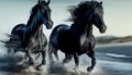 Friesian horses running through the water, (Created with Generative AI technology)